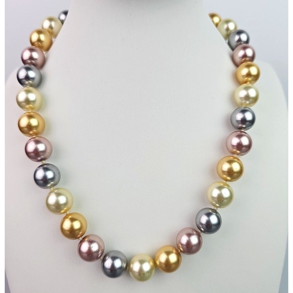 Pastel Faux Pearl Necklace Magnet Clasp 16 Inch Bead Pink Yellow Knotted read